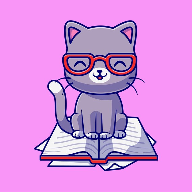 Cute Cat Sitting On Book Cartoon Vector Icon Illustration.Animal Education Icon Concept Isolated Premium Vector. Flat Cartoon Style