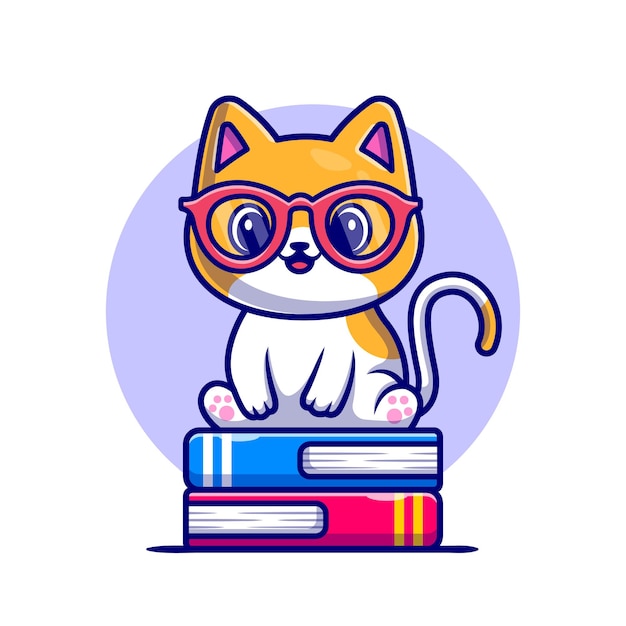 Милый кот сидит на иллюстрации значок шаржа стека книги. Значок образования животных изолированы. Плоский мультяшном стиле