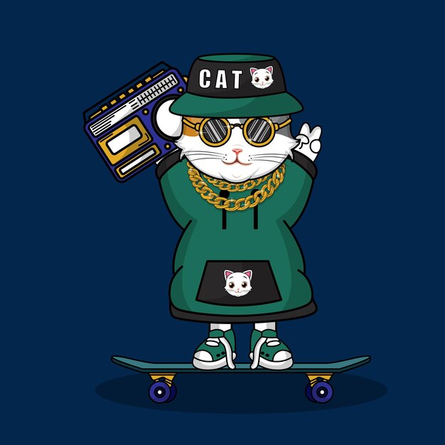 Милый кот сидит на бумбокс-радио с иллюстрацией векторной иконки скейтборда
