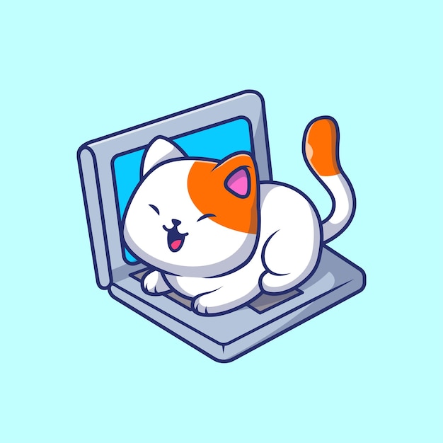 Vettore gratuito simpatico gatto seduto su un computer portatile cartoon vector icon illustration concetto di icona tecnologia animale isolato