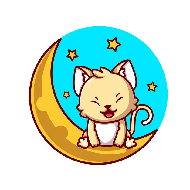 Cute Cat Sitting On Moon With Stars Cartoon   Icon Illustration. Animal Nature Icon Concept Isolated  . Flat Cartoon Style