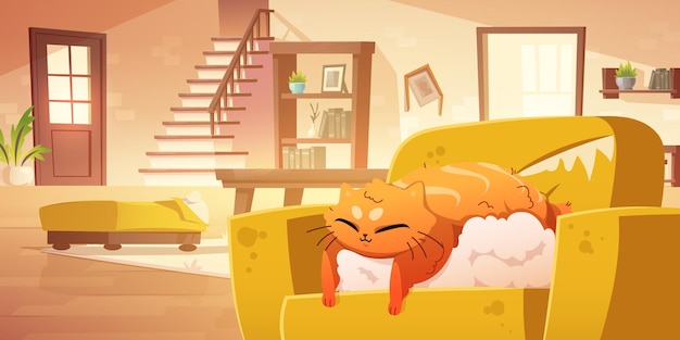 Free vector cute cat sleep on broken sofa with torn upholstery