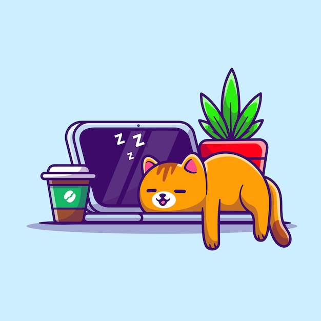 Cute Cat Sleeping On Laptop With Coffee Cartoon Vector Icon Illustration Animal Technology Icon