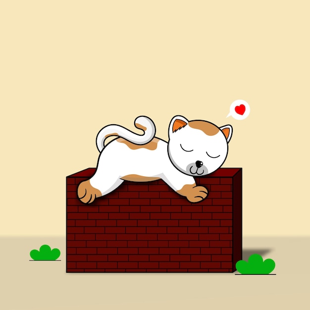 벽돌 벽에서 자고 있는 귀여운 고양이 프리미엄 벡터 귀여운 마스코트 개념 어린이용 티셔츠 디자인에 적합 프리미엄 벡터
