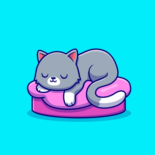 Cute Cat Sleeping On The Pillow Cartoon Icon Illustration. Animal Love Icon Concept Isolated  . Flat Cartoon Style