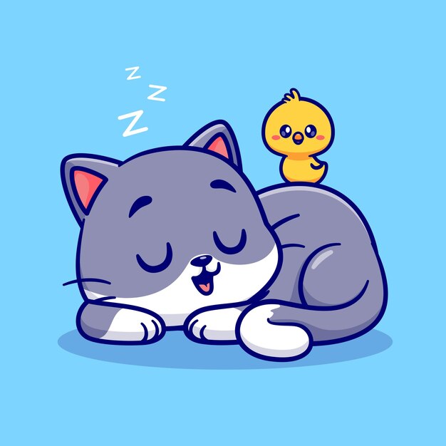 Cute Cat Sleeping With Chick Cartoon Vector Icon Illustration Animal Nature Icon Concept Isolated