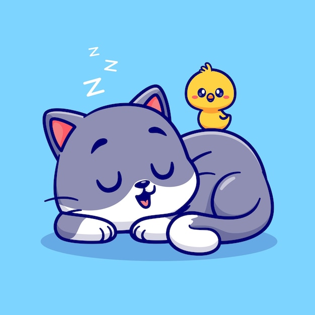 ひよこと一緒に眠っているかわいい猫漫画ベクトルアイコンイラスト動物の性質アイコン概念分離