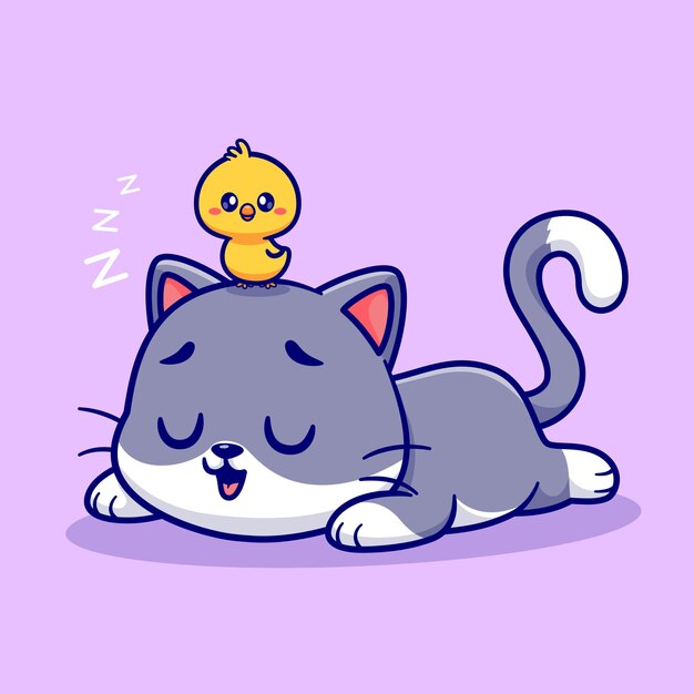 Cute Cat Sleeping With Chick Cartoon Vector Icon Illustration Animal Nature Icon Concept Isolated