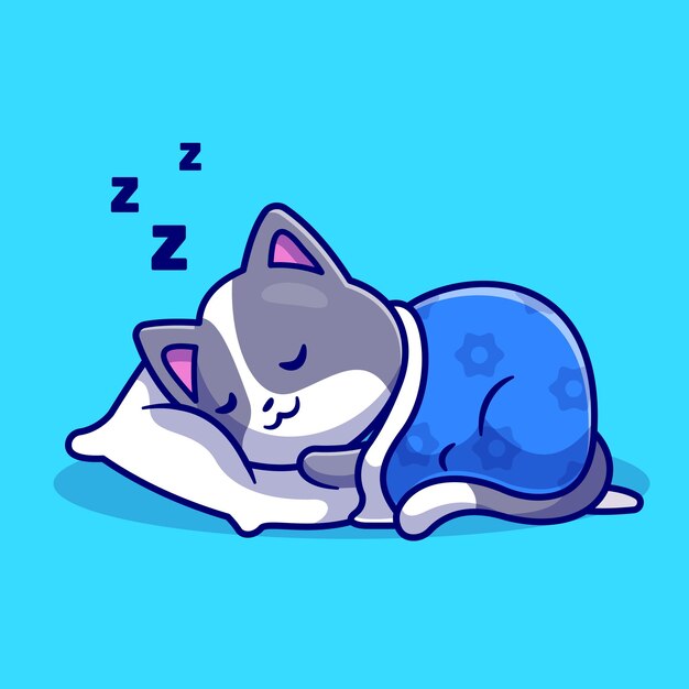 Милый кот спит с подушкой и одеялом мультфильм вектор значок иллюстрации. Концепция животного природы значок изолированные Premium векторы. Плоский мультяшном стиле