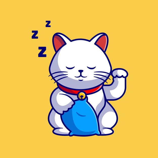 베개 만화 벡터 아이콘 일러스트와 함께 잠자는 귀여운 고양이. 동물 자연 아이콘 개념 절연 프리미엄 벡터입니다. 플랫 만화 스타일