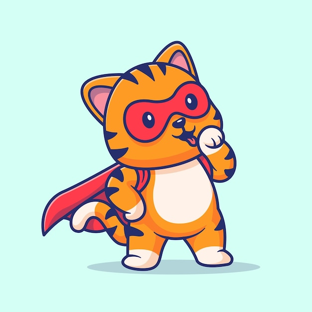 無料ベクター かわいい猫スーパー ヒーロー漫画ベクトル アイコン イラスト動物休日アイコン コンセプトがフラットに分離されました