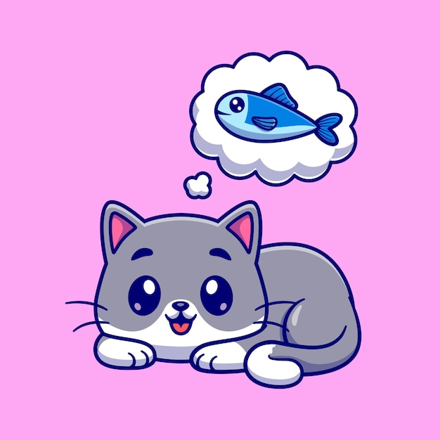 Cute Cat Thinking Fish Cartoon Vector Icon Illustration. Animal Nature Icon Concept Isolated Premium Vector. Flat Cartoon Style