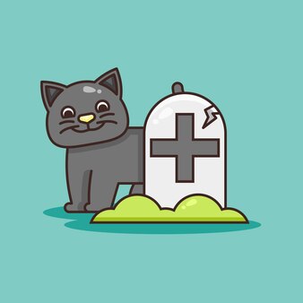 Cute cat behind tombstone illustration.