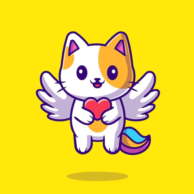 Cute cat unicorn holding heart cartoon icon illustration.