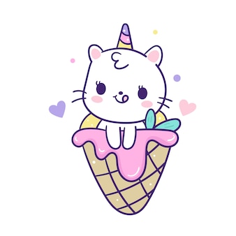 아이스크림 콘 귀여운 고양이 유니콘 벡터 작은 키티