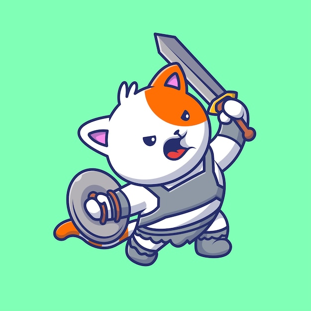 Free vector cute cat warrior holding sword and shield cartoon vector icon illustration animal holiday isolated