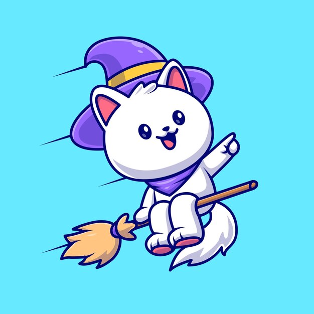 Cute Cat Witch Flying With Magic Broom Cartoon Vector Icon Illustration. Animal Holiday Isolated