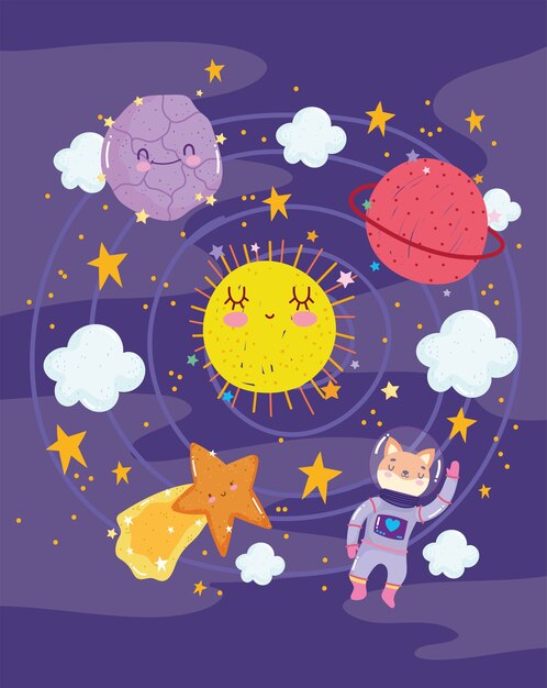 月のイラストとかわいい猫の宇宙飛行士 プレミアムベクター