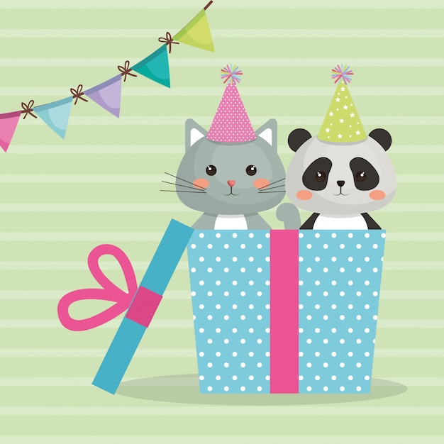 Free vector cute cat with bear panda sweet kawaii character birthday card