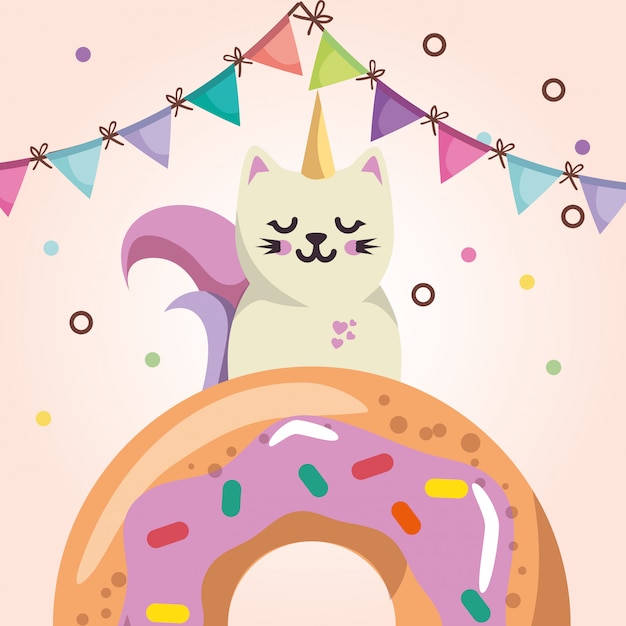 Free vector cute cat with donut sweet kawaii character birthday card