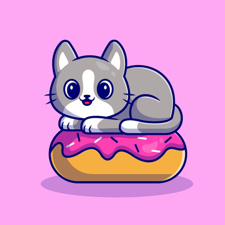 Free Vector cute cat with doughnut. flat cartoon style