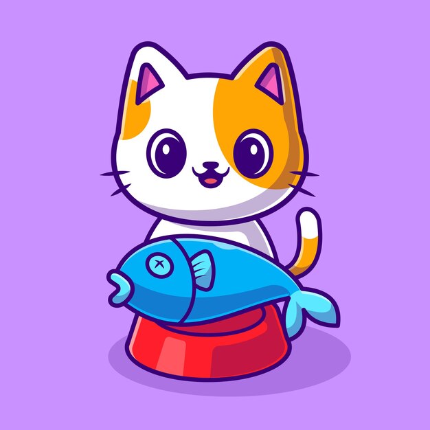 Cute Cat With Fish on Food Bowl Cartoon Vector Icon Illustration. Animal Nature Icon Concept Isolated Premium Vector. Flat Cartoon Style