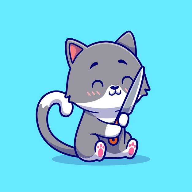 칼 만화 벡터 아이콘 일러스트와 함께 귀여운 고양이입니다. 동물 자연 아이콘 개념 절연 프리미엄 벡터입니다. 플랫 만화 스타일