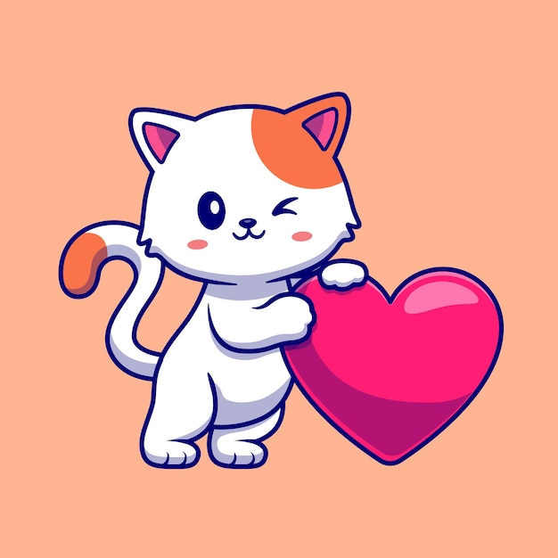 Cute cat with love heart cartoon vector icon illustration