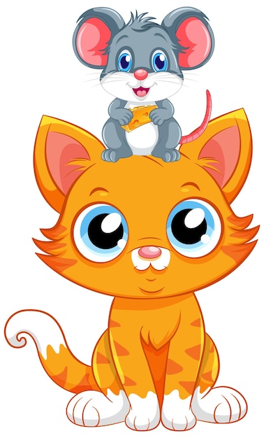 Vettore gratuito simpatico gatto con topo in stile cartone animato