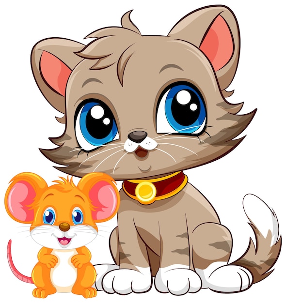 Cute cat with mouse in cartoon style