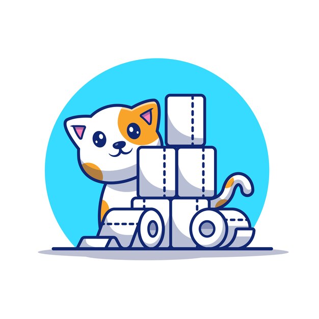 かわいい猫はトイレティッシュペーパーイラストを再生します マスコットの漫画のキャラクター 分離された動物 プレミアムベクター