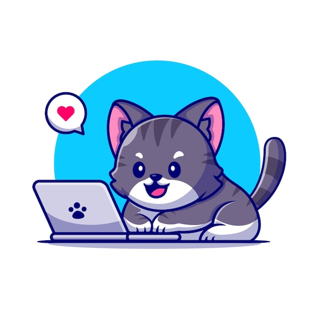 노트북 만화 아이콘 그림에서 작업하는 귀여운 고양이.