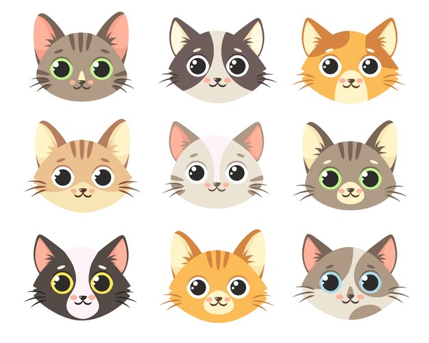 かわいい猫の顔イラストセット 無料のベクター