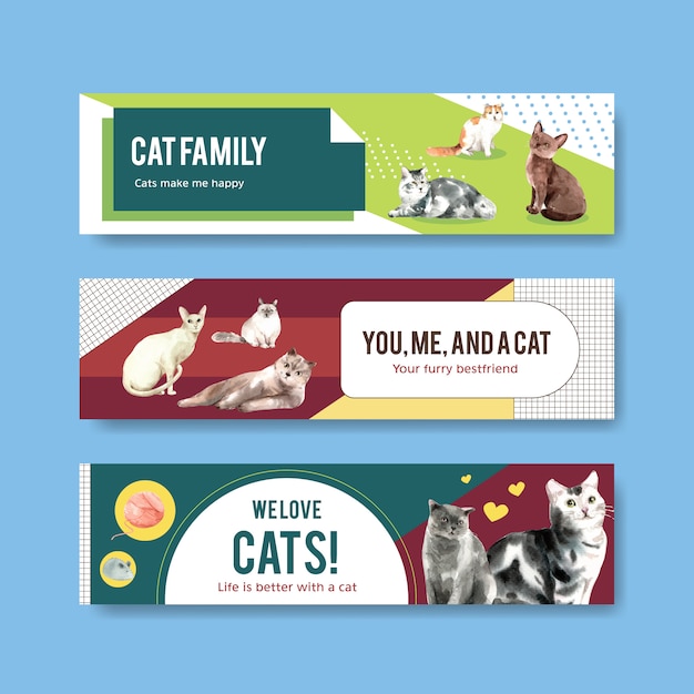 Cute cats illustration in watercolor style for panoramic banner or header template