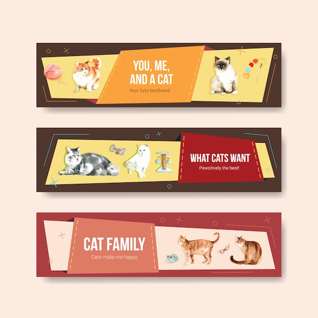Free vector cute cats illustration in watercolor style for panoramic banner or header template
