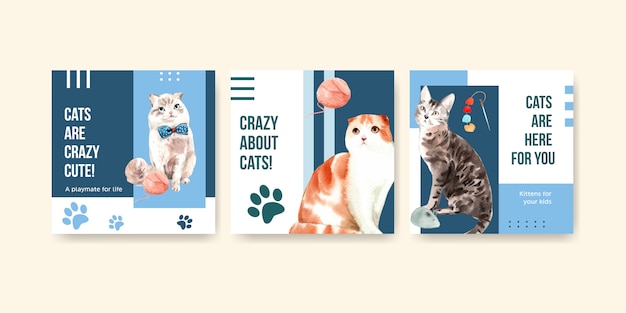 Cute cats illustration in watercolor style with quotes. crazy about cats!