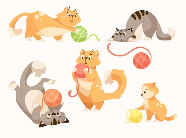 Симпатичные кошки, играющие с шаром из пряжи, мультяшный набор иллюстраций. Очаровательный котенок веселится, наслаждается, лежит, сидит, стоит на задних лапах. Домашнее животное, домашнее животное
