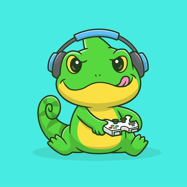 Free vector cute chameleon gaming with controller and headphone cartoon vector icon illustration animal techno