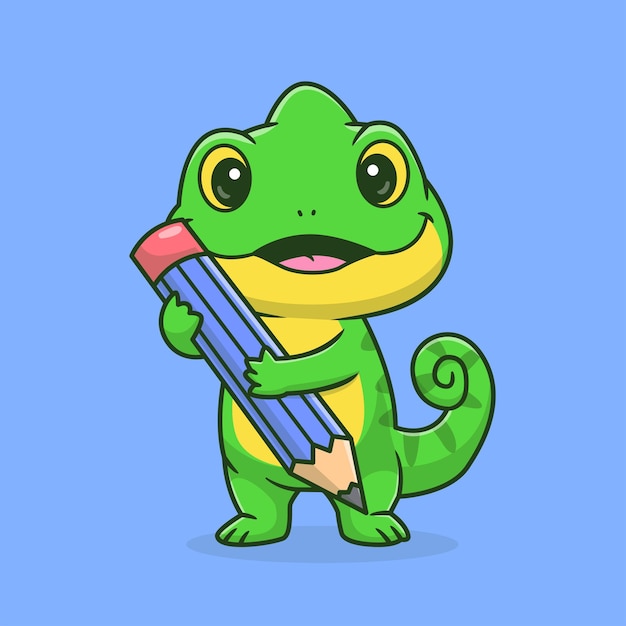 Free vector cute chameleon holding pencil cartoon vector icon illustration animal education icon isolated flat