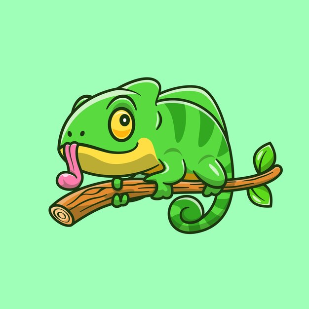 Cute Chameleon On The Tree Cartoon Illustration