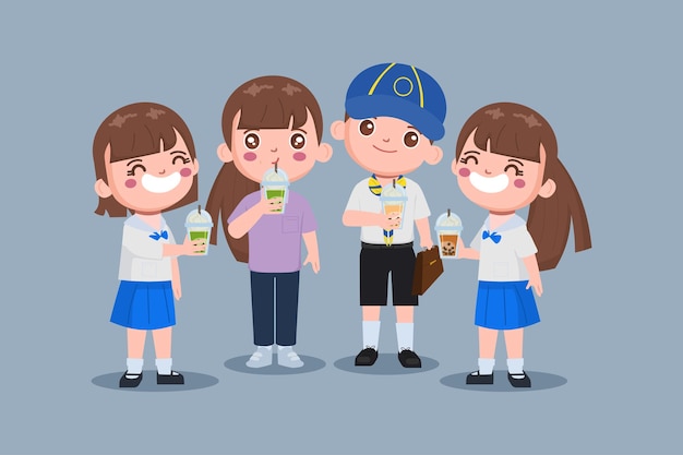 Cute character kids with taiwanese bubble tea