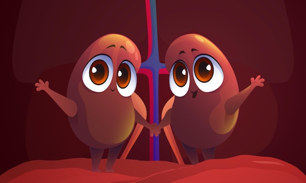 Simpatici personaggi dei reni organi interni umani per la dialisi e la funzione di filtro illustrazione medica del fumetto vettoriale della nefrologia del sistema renale parte dell'anatomia del corpo