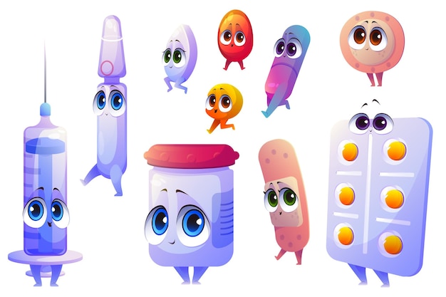 Cute characters of medicines and syringe