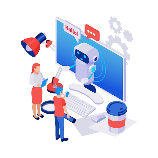 Cute chatbot greeting people isometric icon with computer and various objects 3d