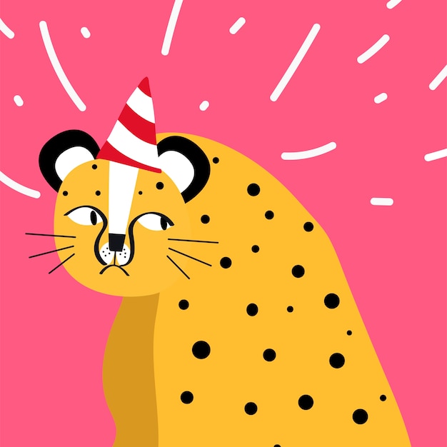 Free vector cute cheetah wearing a party hat vector