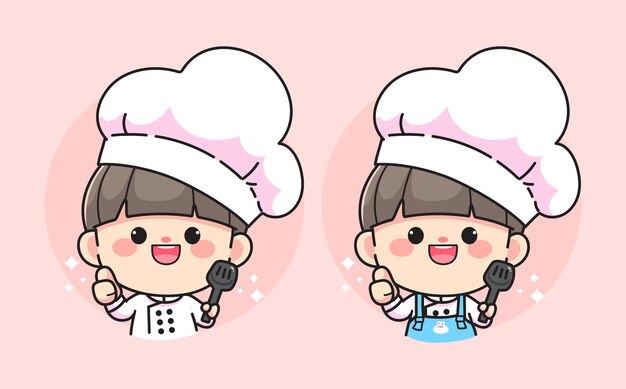 Cute Chef boy smiling holding Spatula logo hand drawn cartoon art illustration