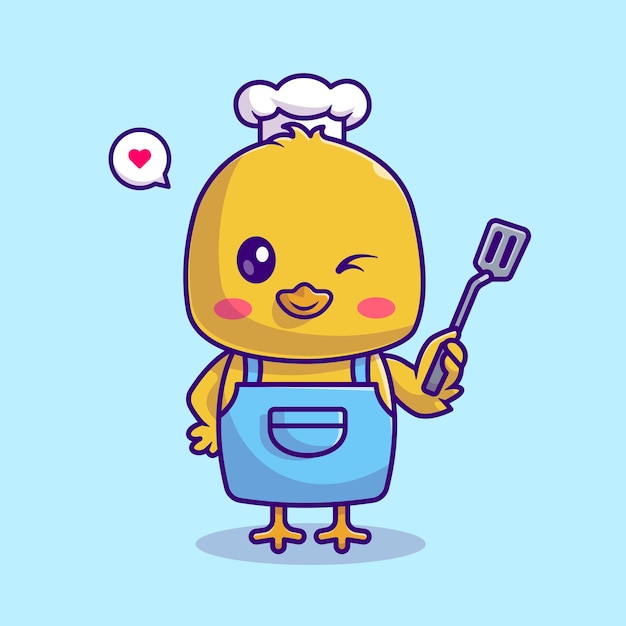 Free vector cute chef chick holding spatula cartoon vector icon illustration animal food icon concept isolated