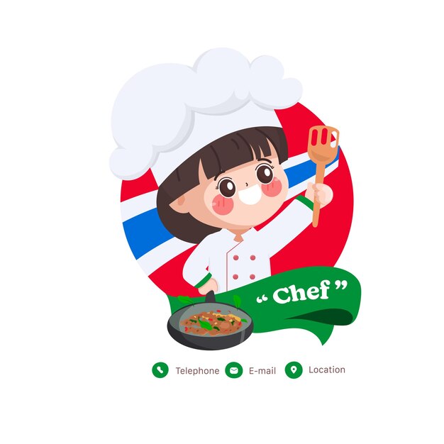 Cute chef cooking thai food character with Pad Ka Prao best quality. Hand drawn cartoon vector.