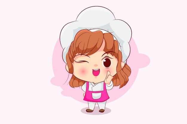 Free vector cute chef girl cartoon art with pink color illustration