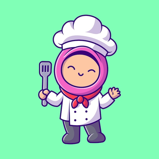 Free vector cute chef girl hijab holding spatula cartoon vector icon illustration. people food icon isolated